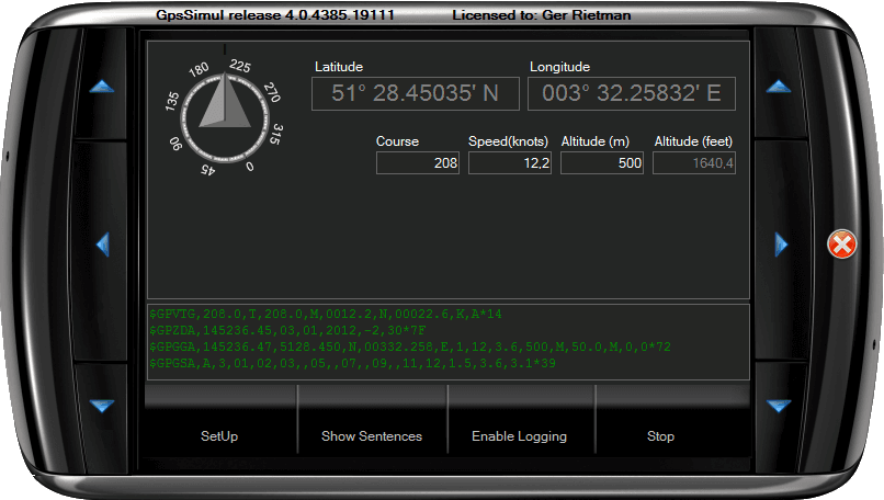 GPSSimul navigation view with simulated GPS instruments