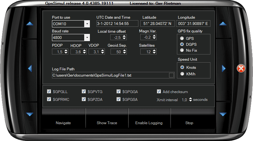 GPSSimul setup mode with configurable GPS position and output settings