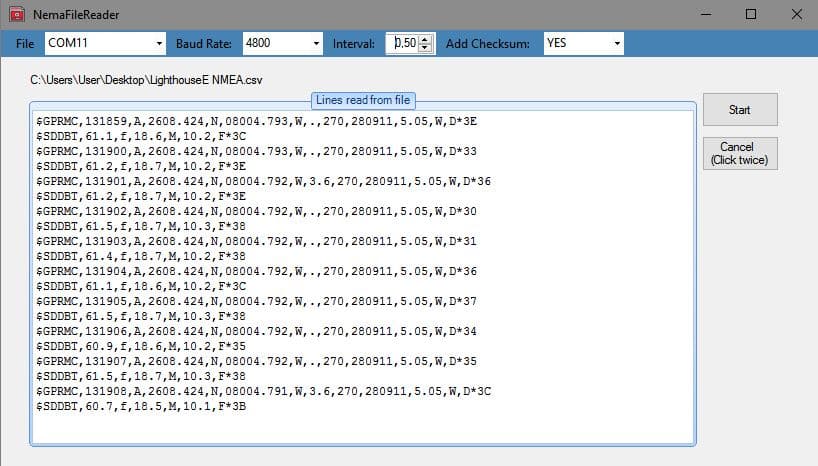 NemaFileReader interface displaying NMEA log sentences and serial output controls