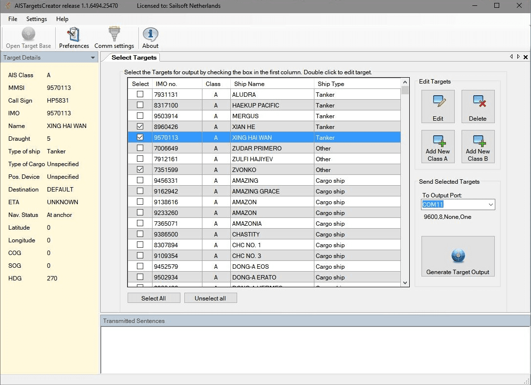 AIS Targets Creator interface showing a vessel target table, target details and output controls