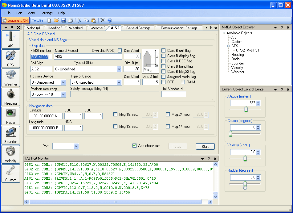 NemaStudio interface displaying simulated AIS targets on a nautical chart