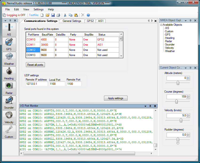 NemaStudio communications settings showing configurable serial and network ports